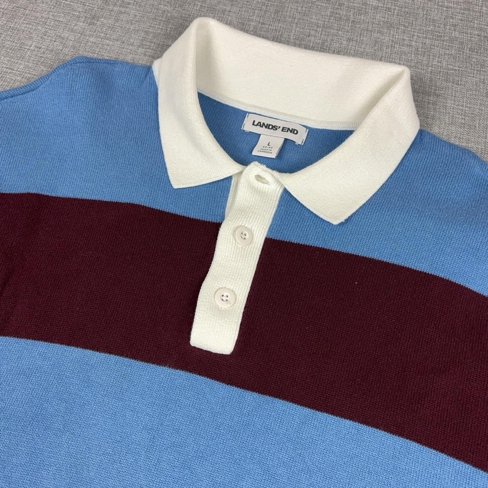 Lands' End Sweater Mens Large Blue Burgundy Rugby Stripe Collared Cotton Knit